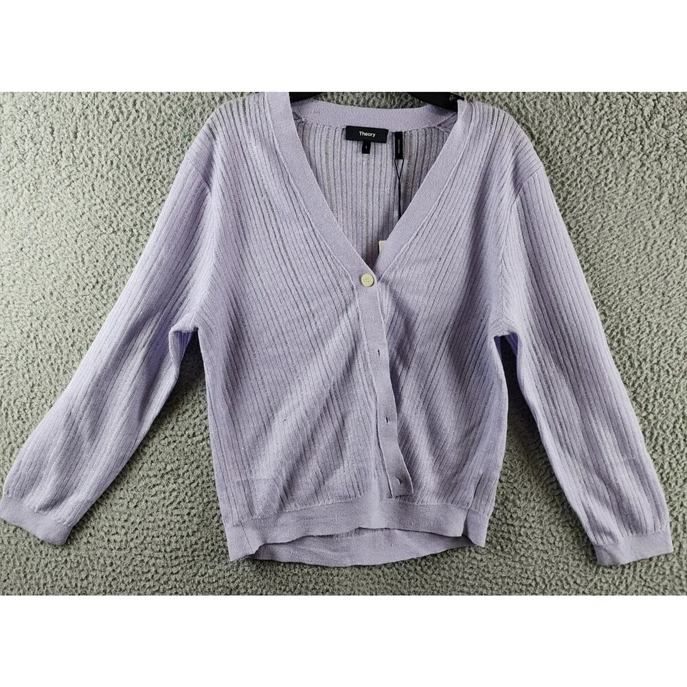 Theory Cropped Cardigan Women's S Soft Iris V-Neck Linen Blend Button Front L/S - Picture 2 of 14